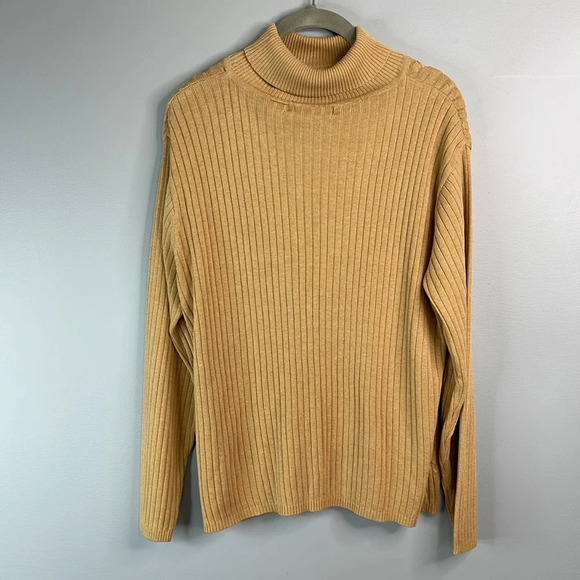 VINTAGE 90s Gloria Vanderbilt Ribbed Cable-knit Turtleneck Sweater Camel Tan XL - Picture 6 of 10